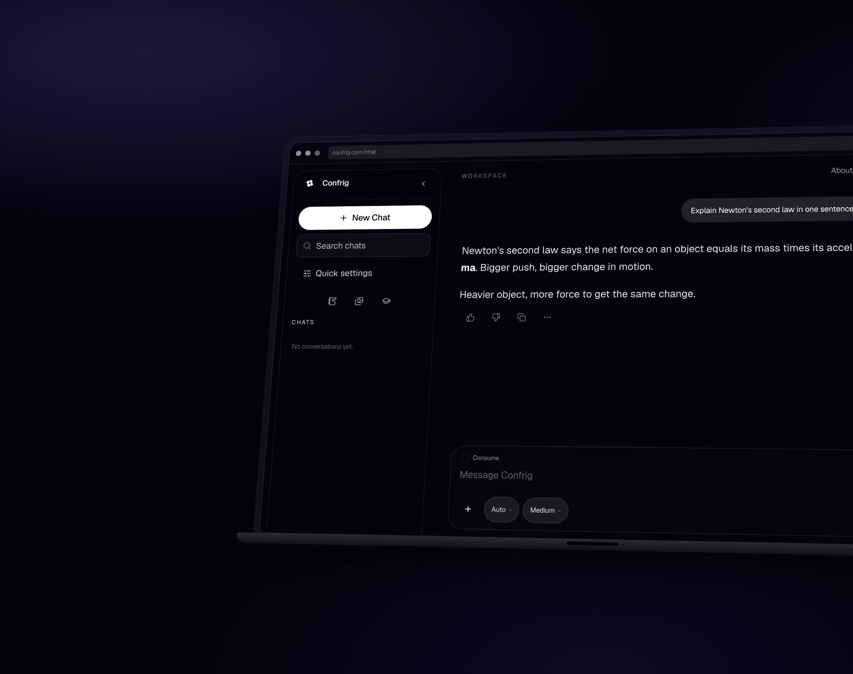 Confrig chat workspace on a tilted laptop, showing a streamed physics answer.
